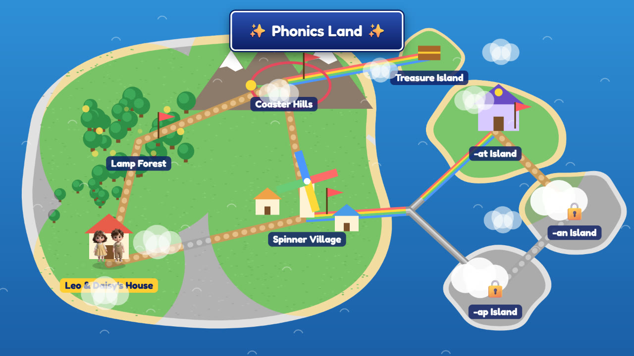 Phonics Land map with Leo and Daisy